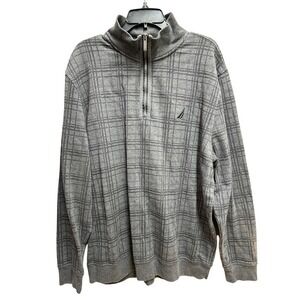 Nautica Mens XXL Gray Plaid Quarter Zip Pullover Sweatshirt Long‎ Sleeve